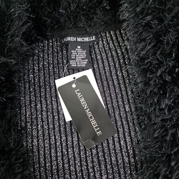 Lauren Michelle Silver Black Sparkly Fuzzy Trim Cardigan Size Medium Party - Picture 6 of 13